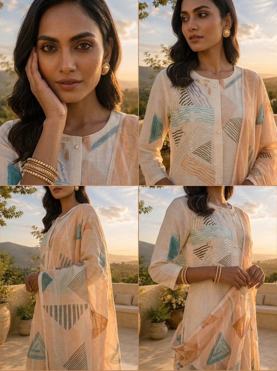 Off White Linen Geometric Printed Three Piece Set