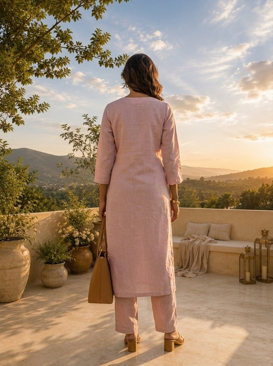 Lilac Linen Floral Ombre Embroidery Two Piece Set