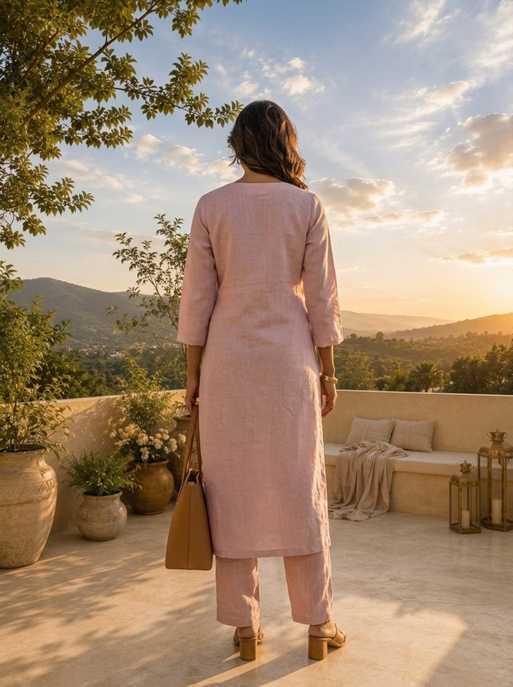 Lilac Linen Floral Ombre Embroidery Two Piece Set