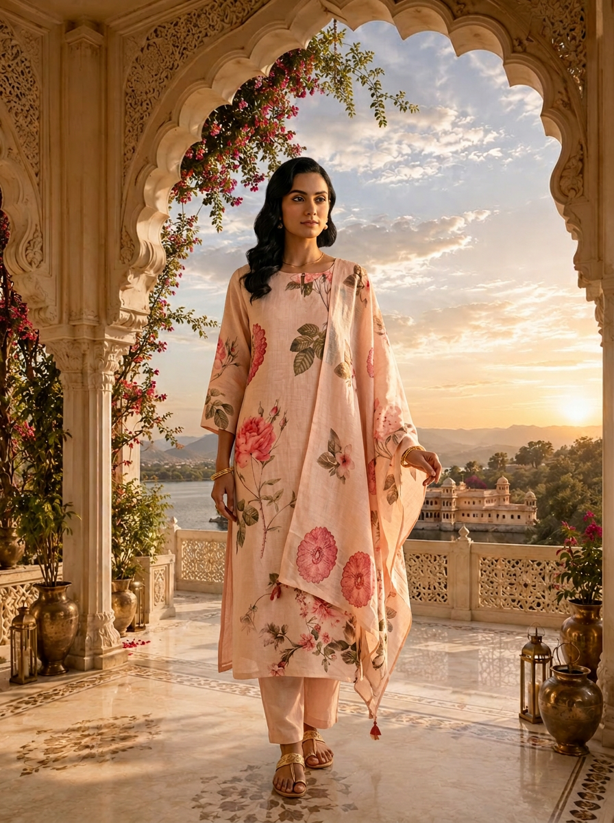 Peach Linen Botanical Printed Three Piece Set