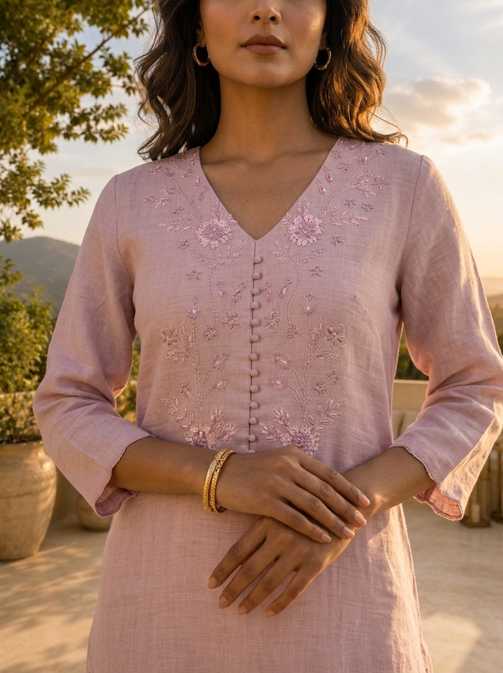 Lilac Linen Floral Ombre Embroidery Two Piece Set