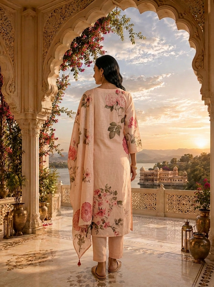 Peach Linen Botanical Printed Three Piece Set