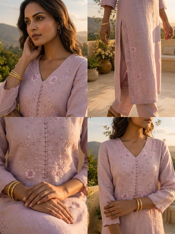 Lilac Linen Floral Ombre Embroidery Two Piece Set