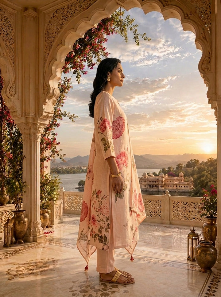 Peach Linen Botanical Printed Three Piece Set