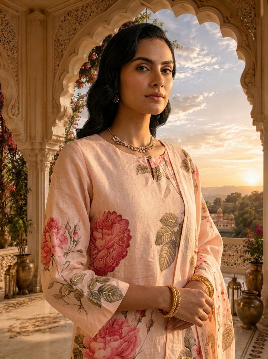 Peach Linen Botanical Printed Three Piece Set