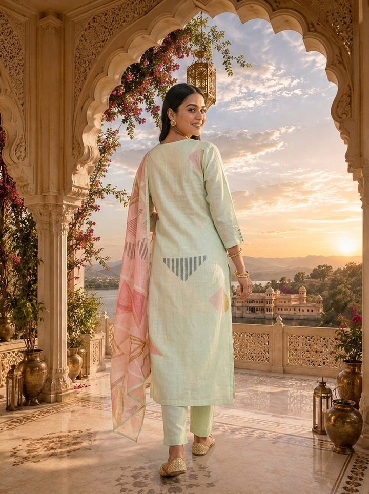 Pista Linen Geometric Printed Three Piece Set