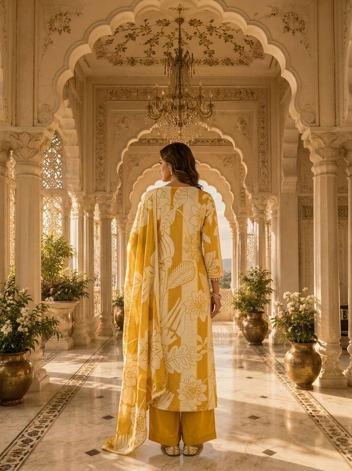 Golden And Cream Linen Floral Printed Three Piece Set