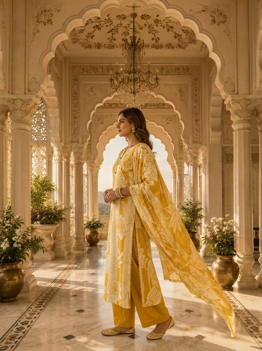 Golden And Cream Linen Floral Printed Three Piece Set