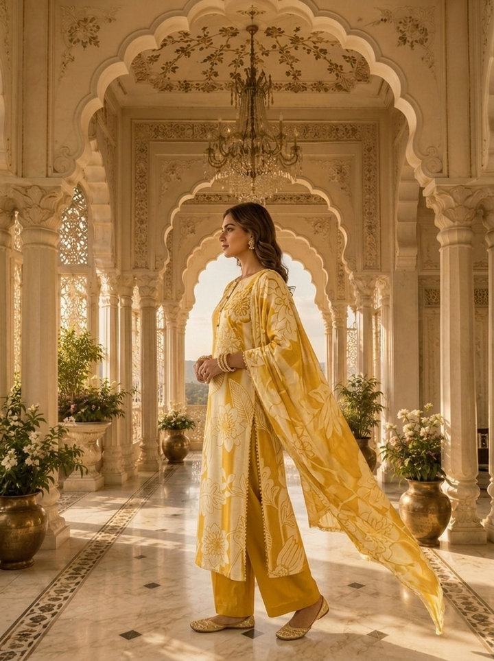Golden And Cream Linen Floral Printed Three Piece Set