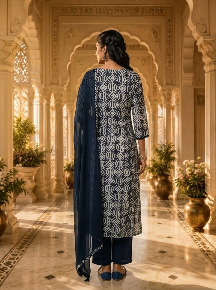 Navy Blue And White Organza Hand Block Printed Three Piece Set