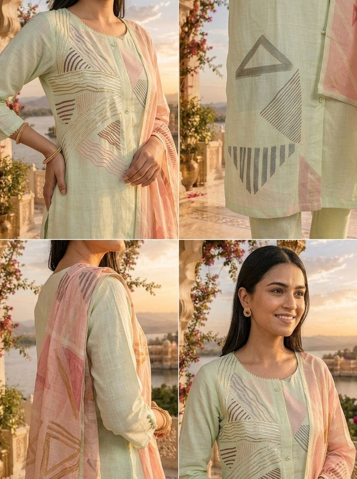 Pista Linen Geometric Printed Three Piece Set