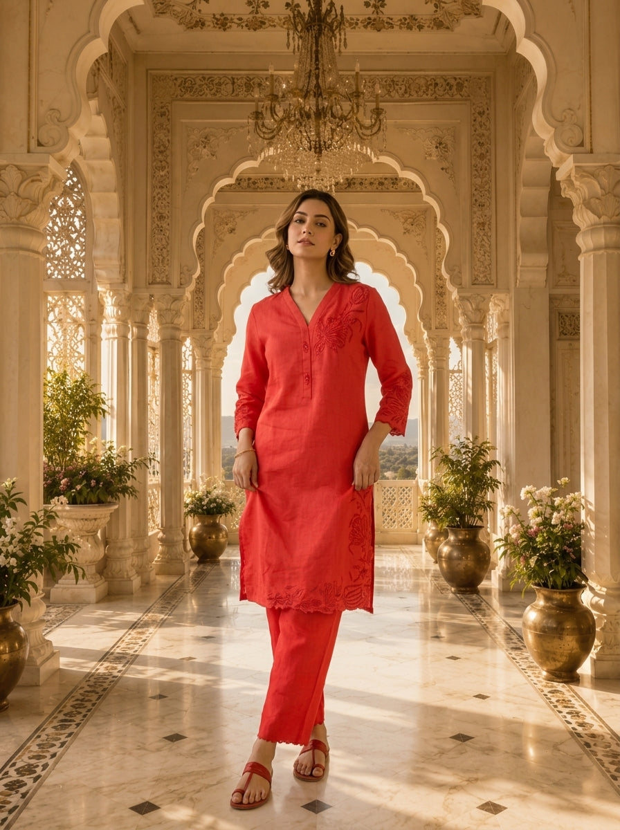 Red Linen Floral Embroidery Two Piece Set