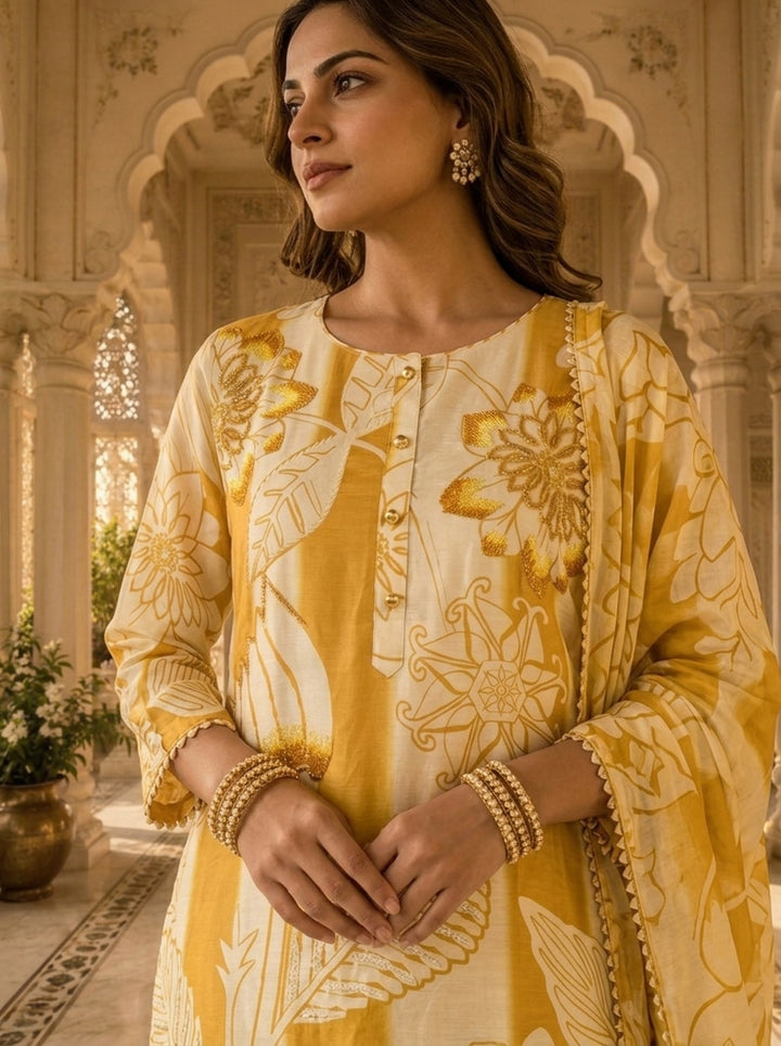 Golden And Cream Linen Floral Printed Three Piece Set