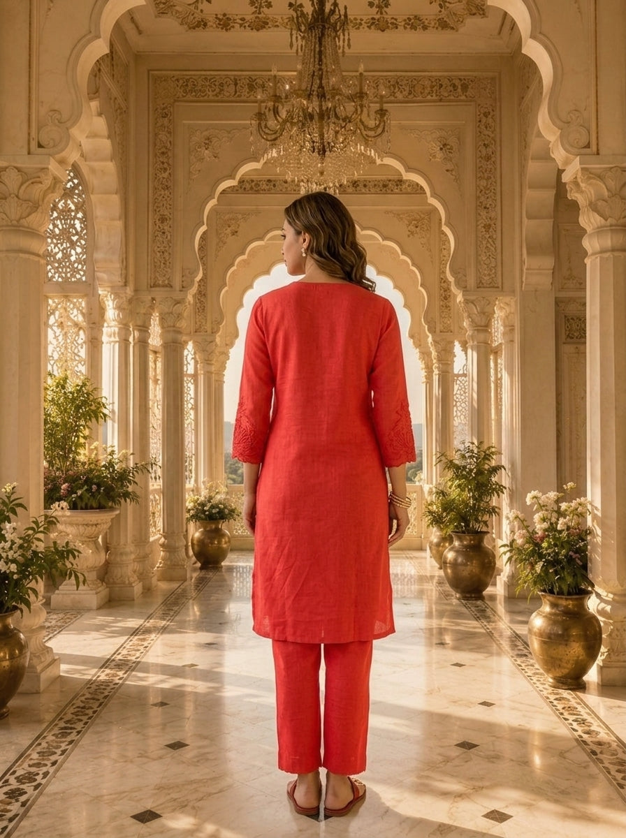 Red Linen Floral Embroidery Two Piece Set