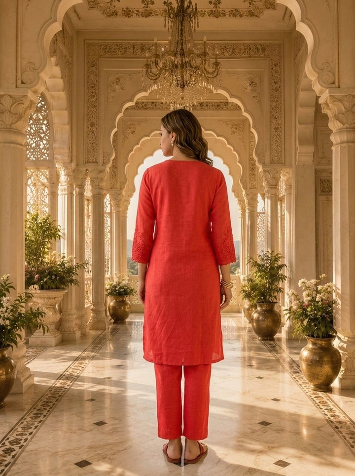Red Linen Floral Embroidery Two Piece Set