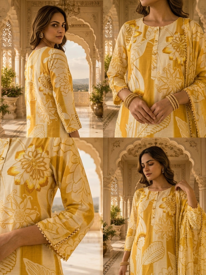 Golden And Cream Linen Floral Printed Three Piece Set