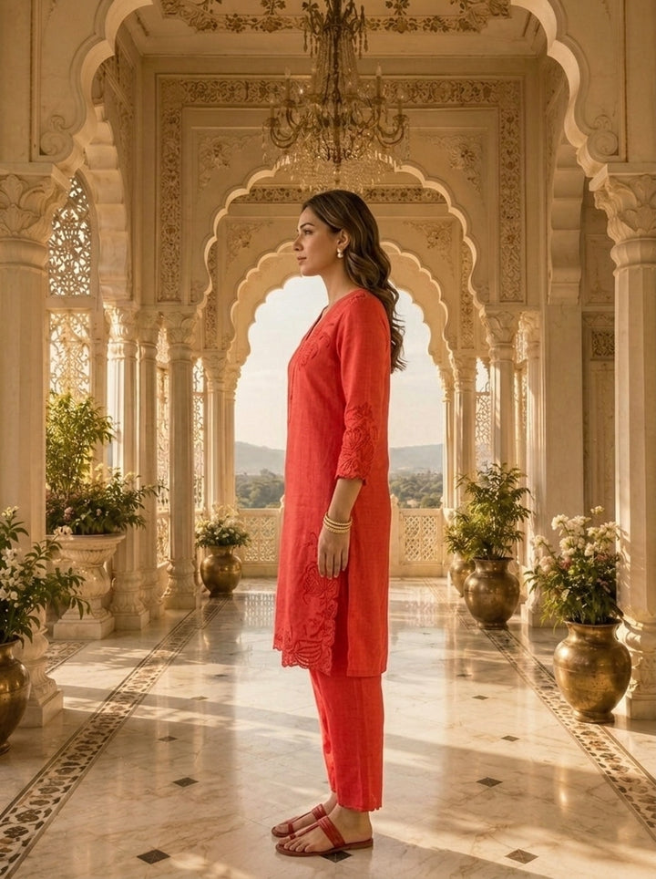 Red Linen Floral Embroidery Two Piece Set