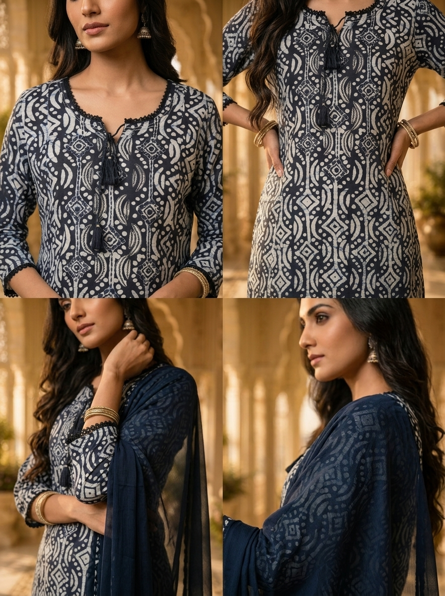 Navy Blue And White Organza Hand Block Printed Three Piece Set