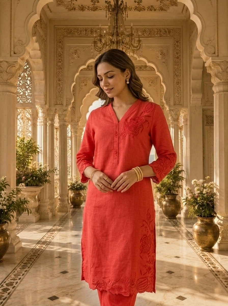 Red Linen Floral Embroidery Two Piece Set