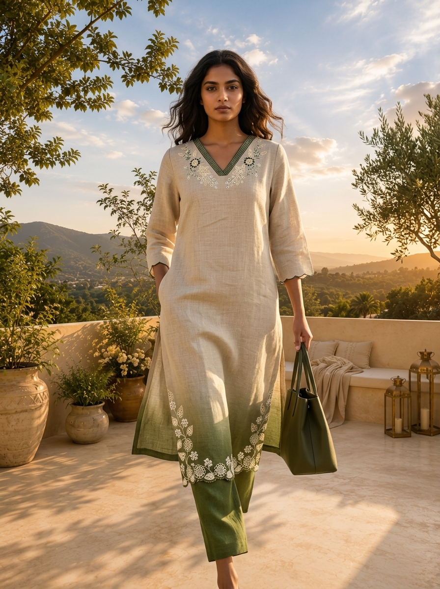 Beige Linen Hand Embroidery Two Piece Set