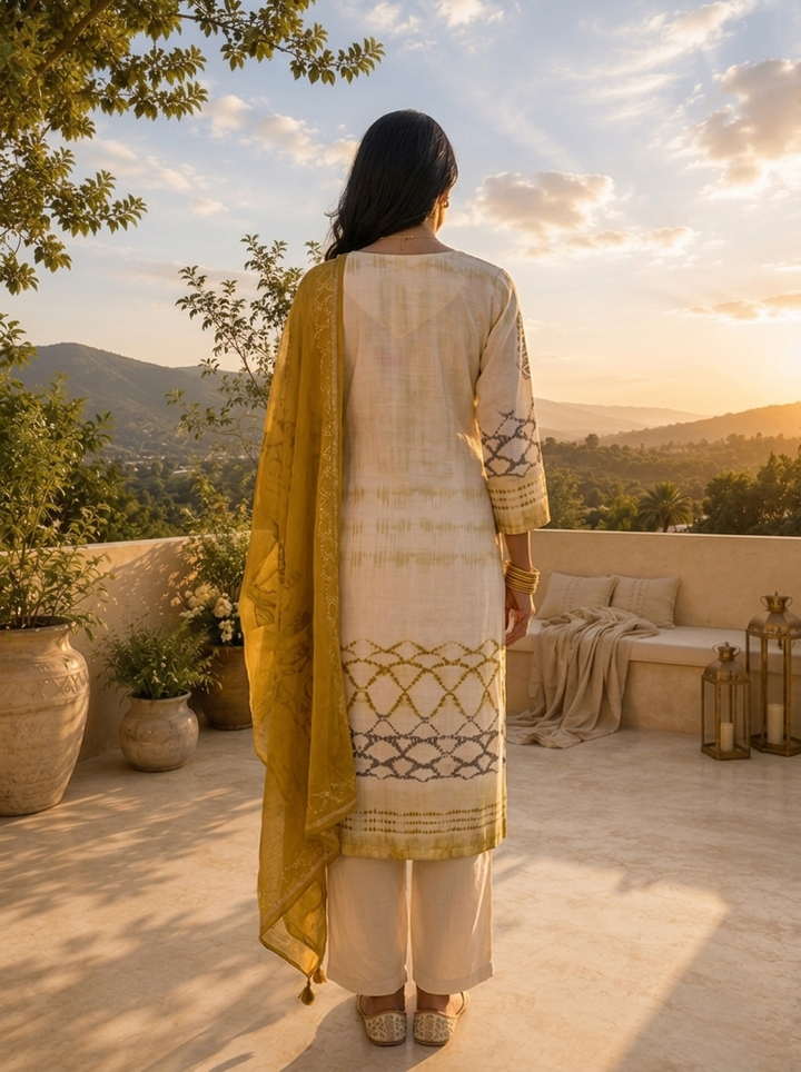 Mustard Rayon Coral Lattice Printed Three Piece Set