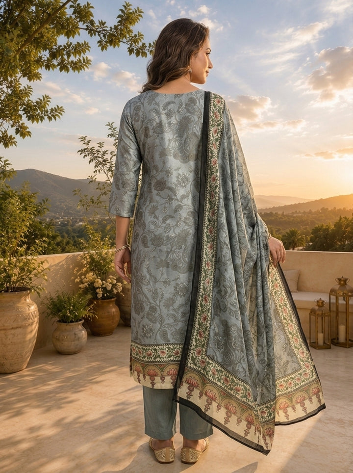 Grey Linen Tonal Floral Printed Three Piece Set