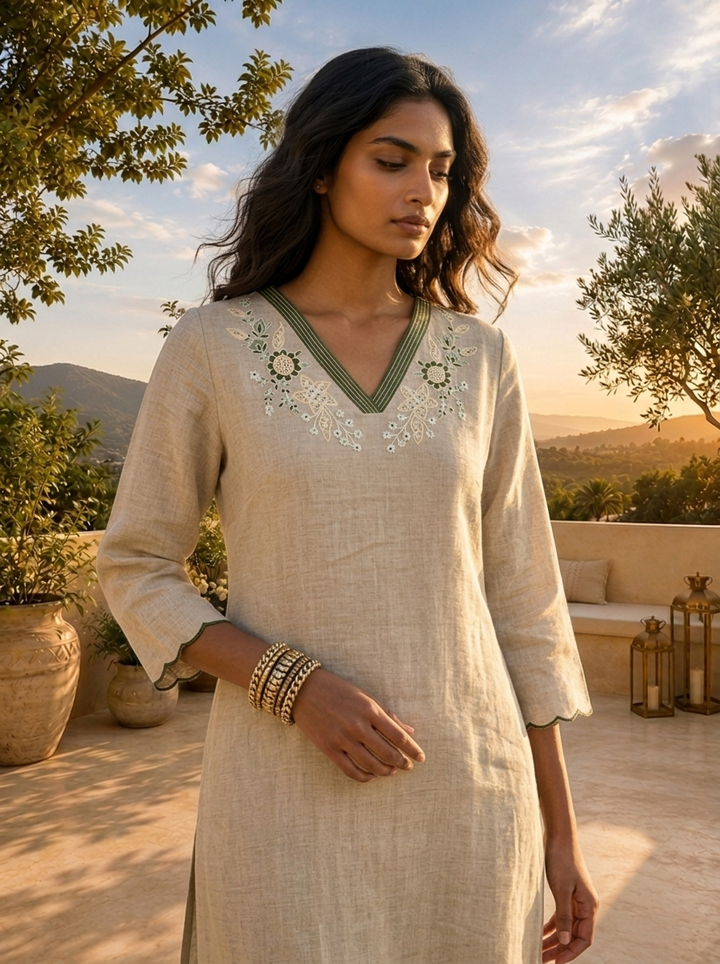 Beige Linen Hand Embroidery Two Piece Set