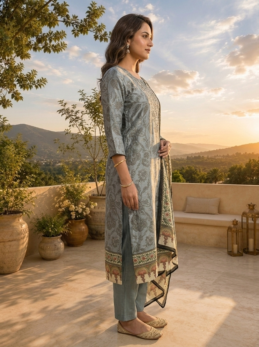 Grey Linen Tonal Floral Printed Three Piece Set