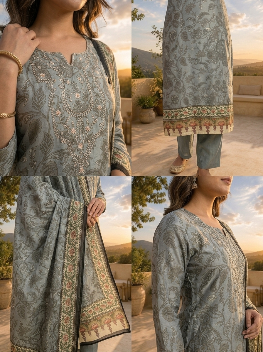 Grey Linen Tonal Floral Printed Three Piece Set