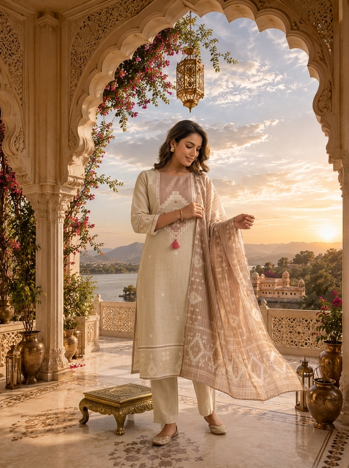 Beige Silk Geometric Printed Three Piece Set