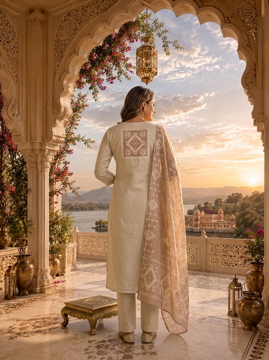 Beige Silk Geometric Printed Three Piece Set