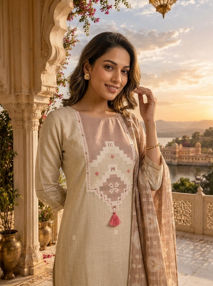 Beige Silk Geometric Printed Three Piece Set