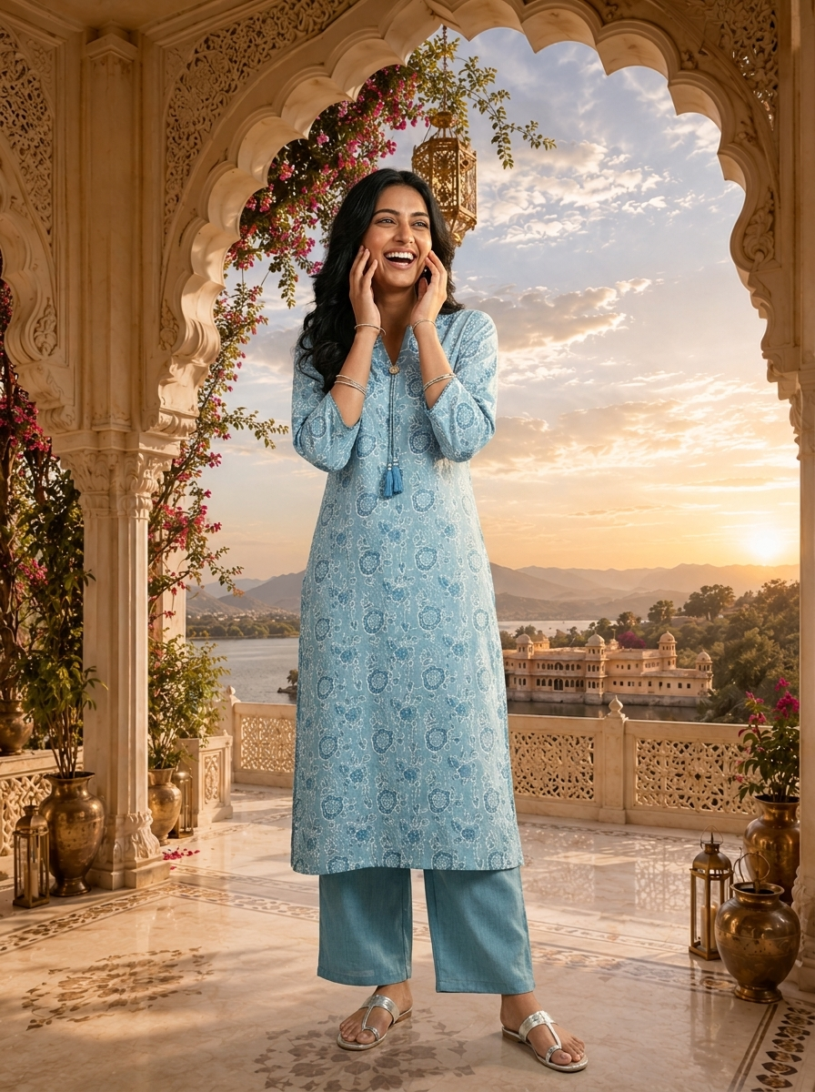 Light Blue Linen Block Printed Two Piece Set