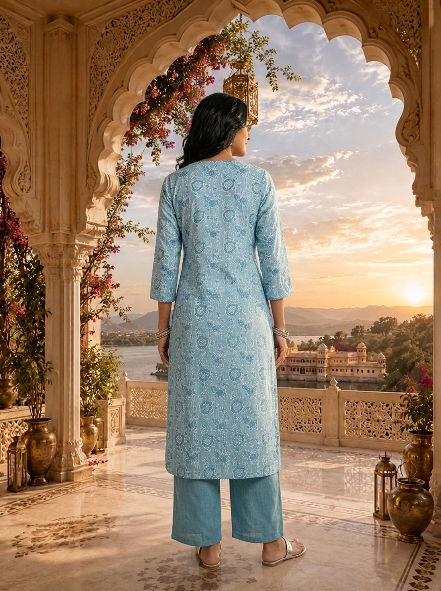 Light Blue Linen Block Printed Two Piece Set
