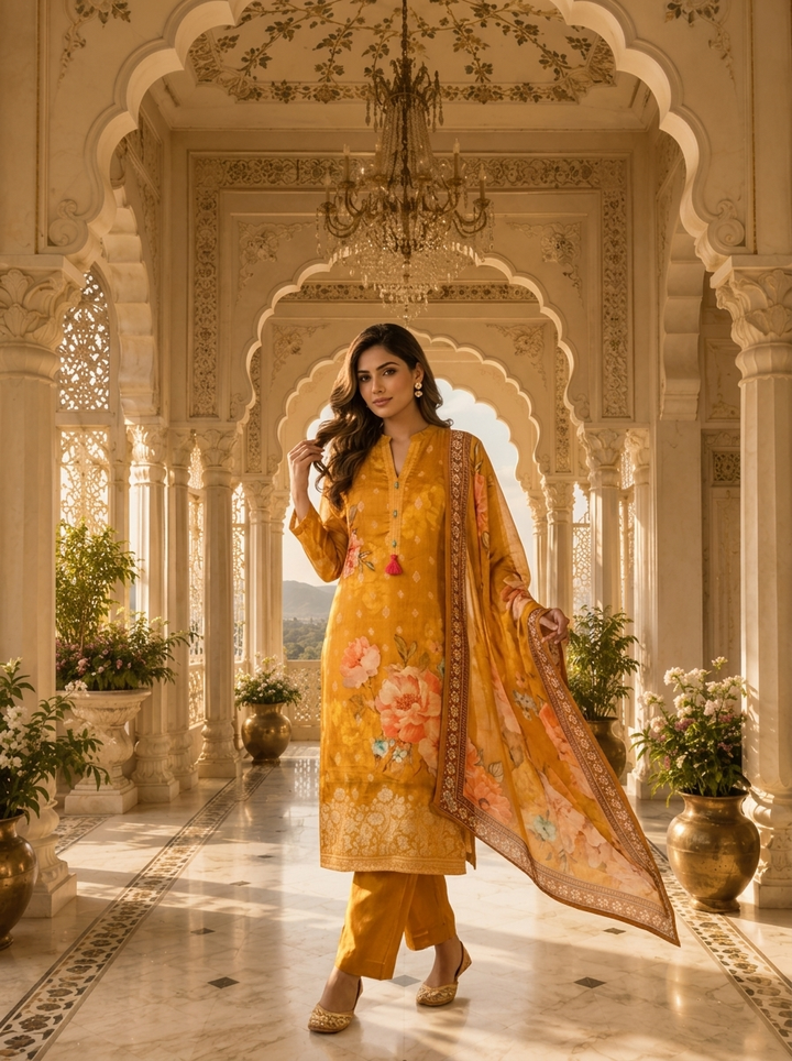 Golden Yellow Organza Floral Printed Three Piece Set