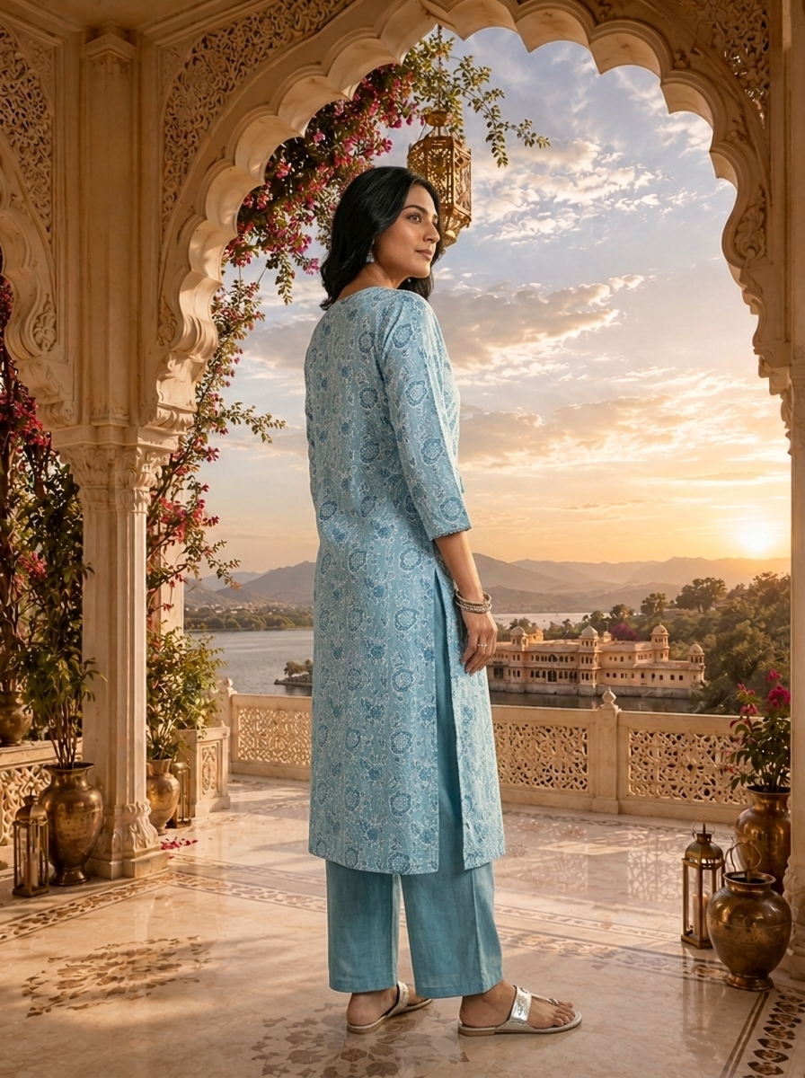 Light Blue Linen Block Printed Two Piece Set