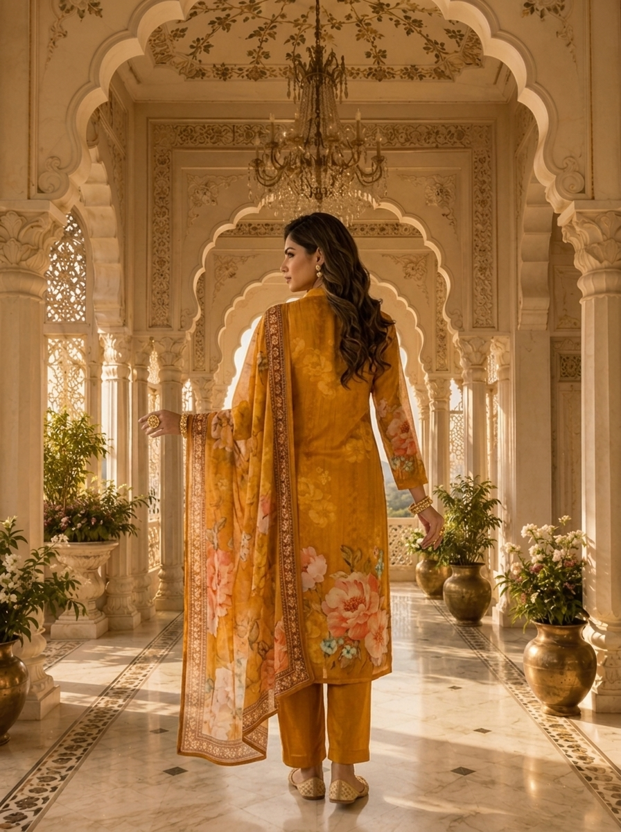 Golden Yellow Organza Floral Printed Three Piece Set
