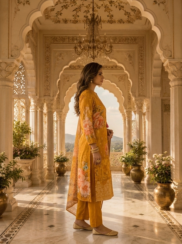 Golden Yellow Organza Floral Printed Three Piece Set