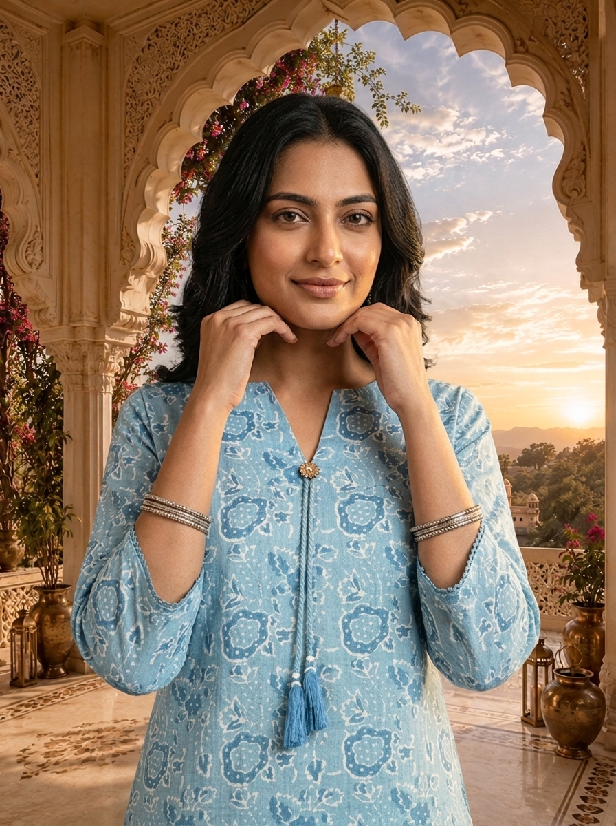 Light Blue Linen Block Printed Two Piece Set
