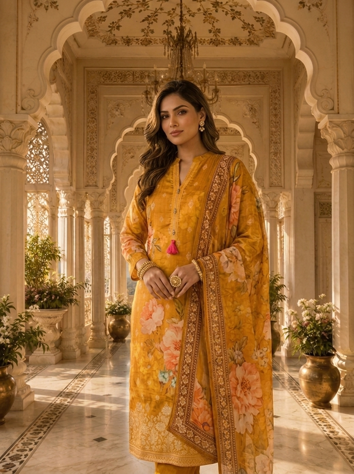 Golden Yellow Organza Floral Printed Three Piece Set