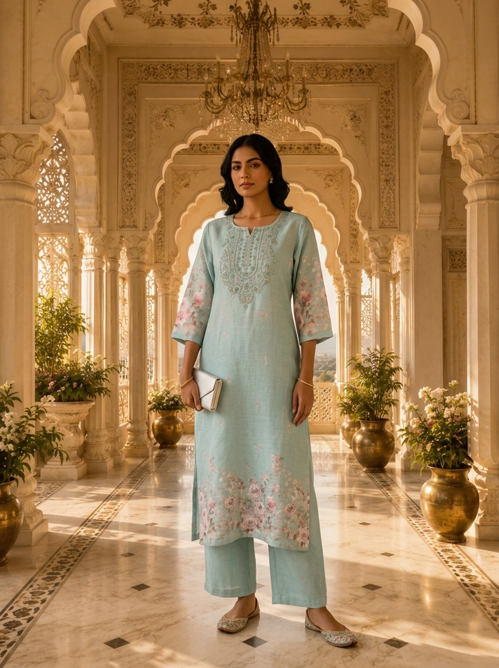 Blue Linen Floral Printed Two Piece Set