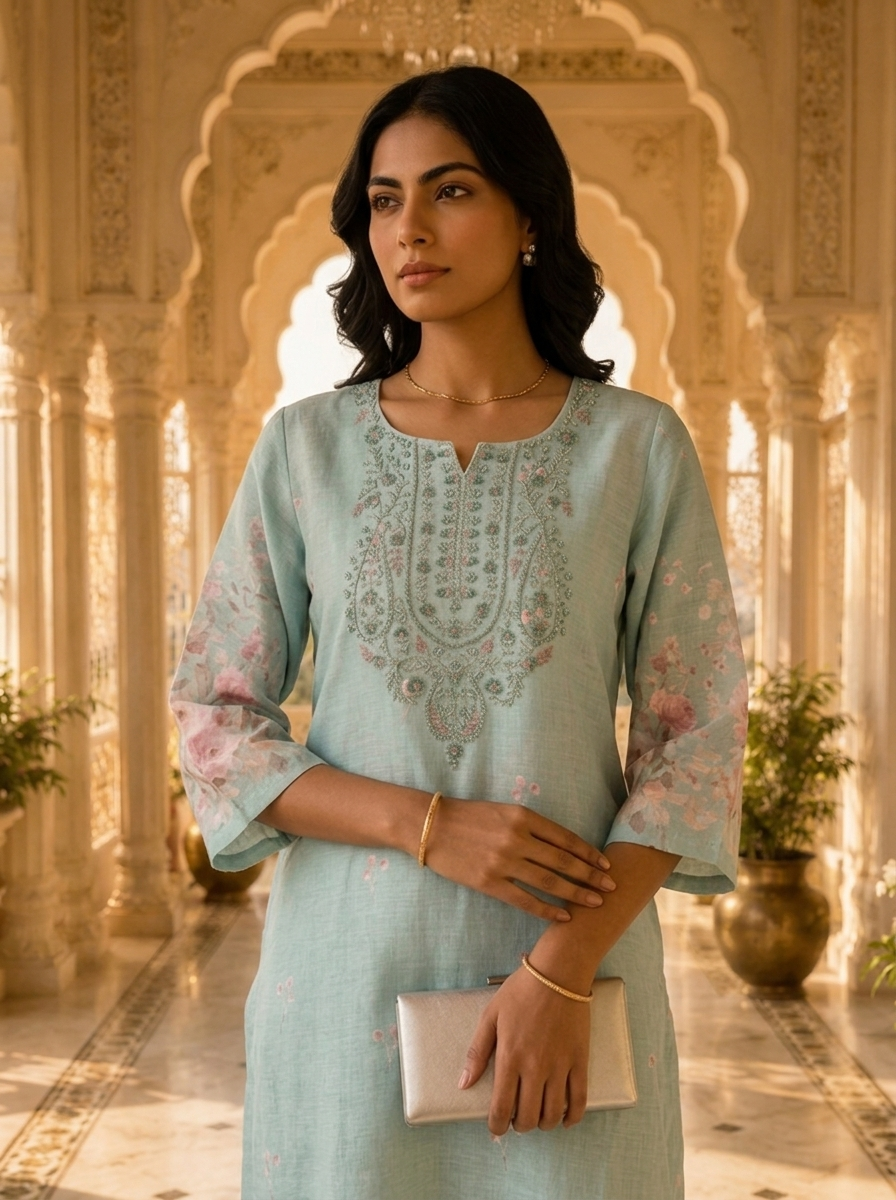 Blue Linen Floral Printed Two Piece Set