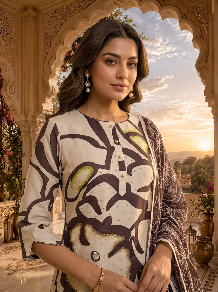 Coffee Brown Floral Printed Three Piece Set