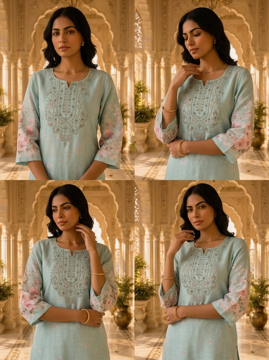 Blue Linen Floral Printed Two Piece Set