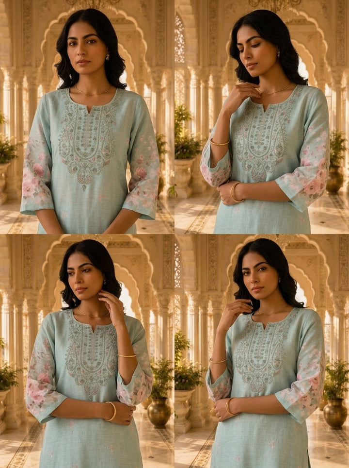 Blue Linen Floral Printed Two Piece Set