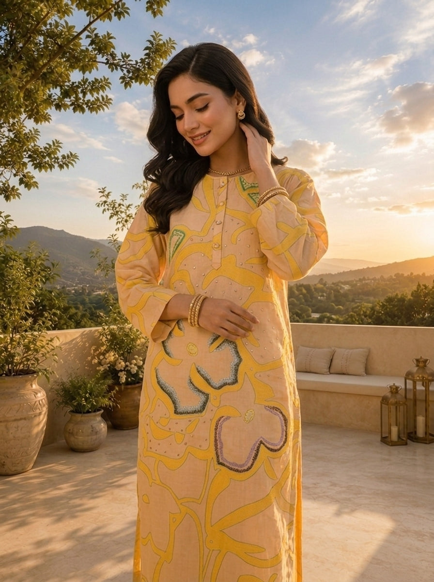 Mustard Rayon Abstract Floral Motifs Printed Three Piece Set