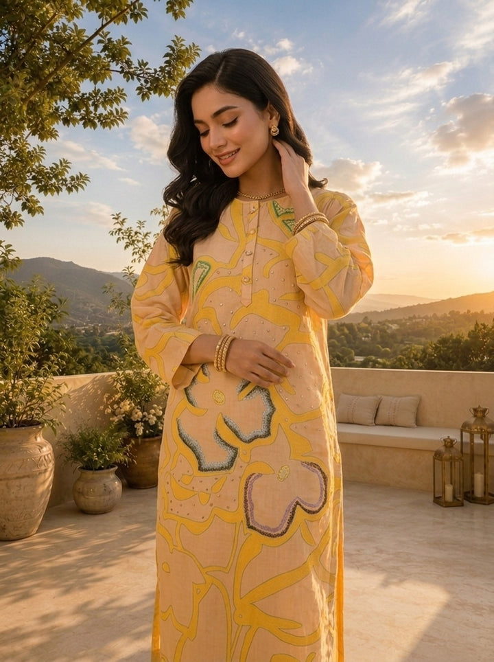 Mustard Rayon Abstract Floral Motifs Printed Three Piece Set