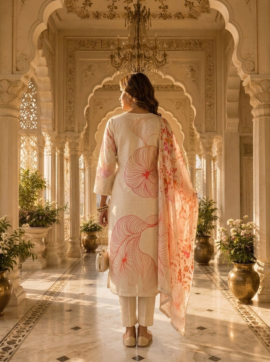 Off White And Orange Rayon Floral Printed Three Piece Set