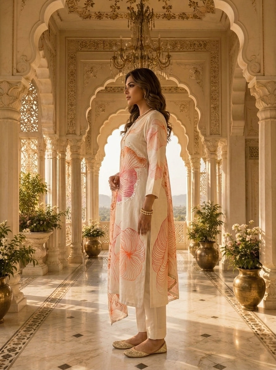 Off White And Orange Rayon Floral Printed Three Piece Set