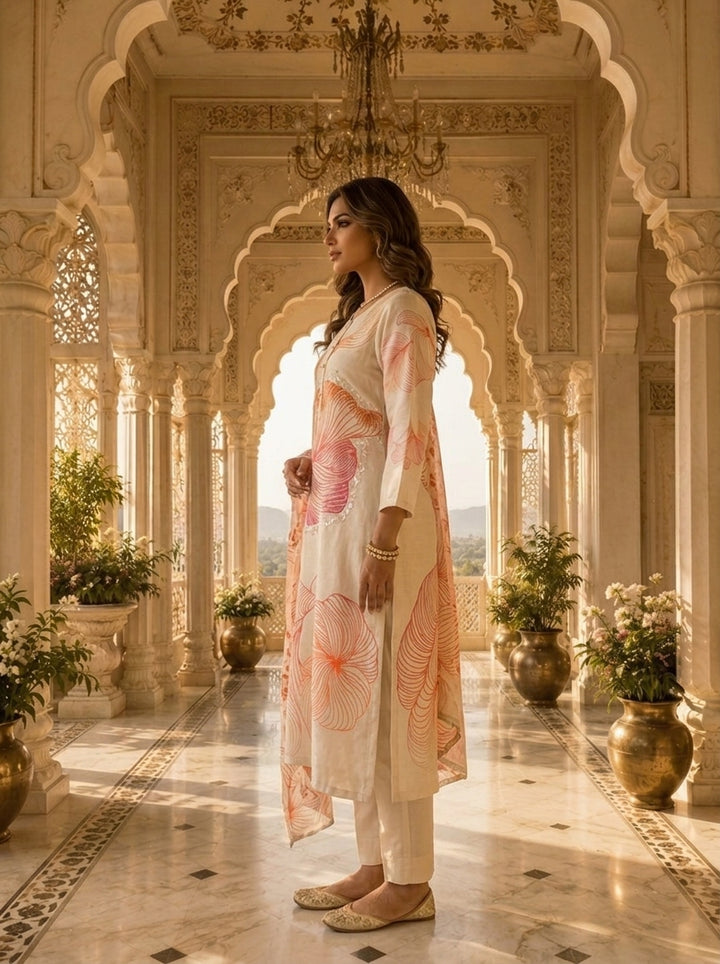 Off White And Orange Rayon Floral Printed Three Piece Set